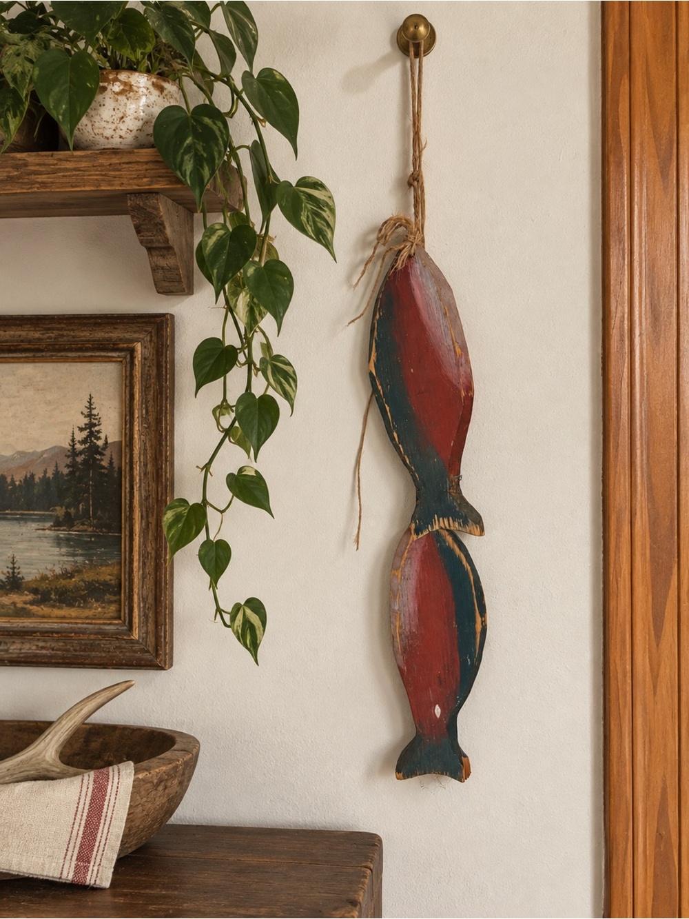 Vintage Wooden Painted Hanging Fish Decor